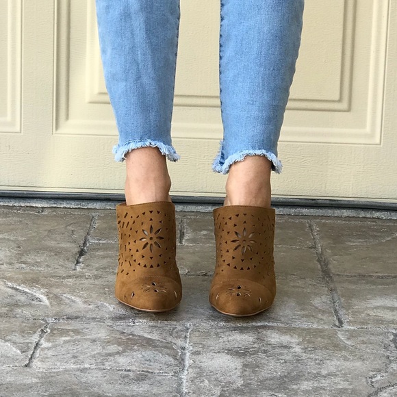 Cognac Laser Cut Closed Toe Block Heel Mule Clog - Picture 6 of 8